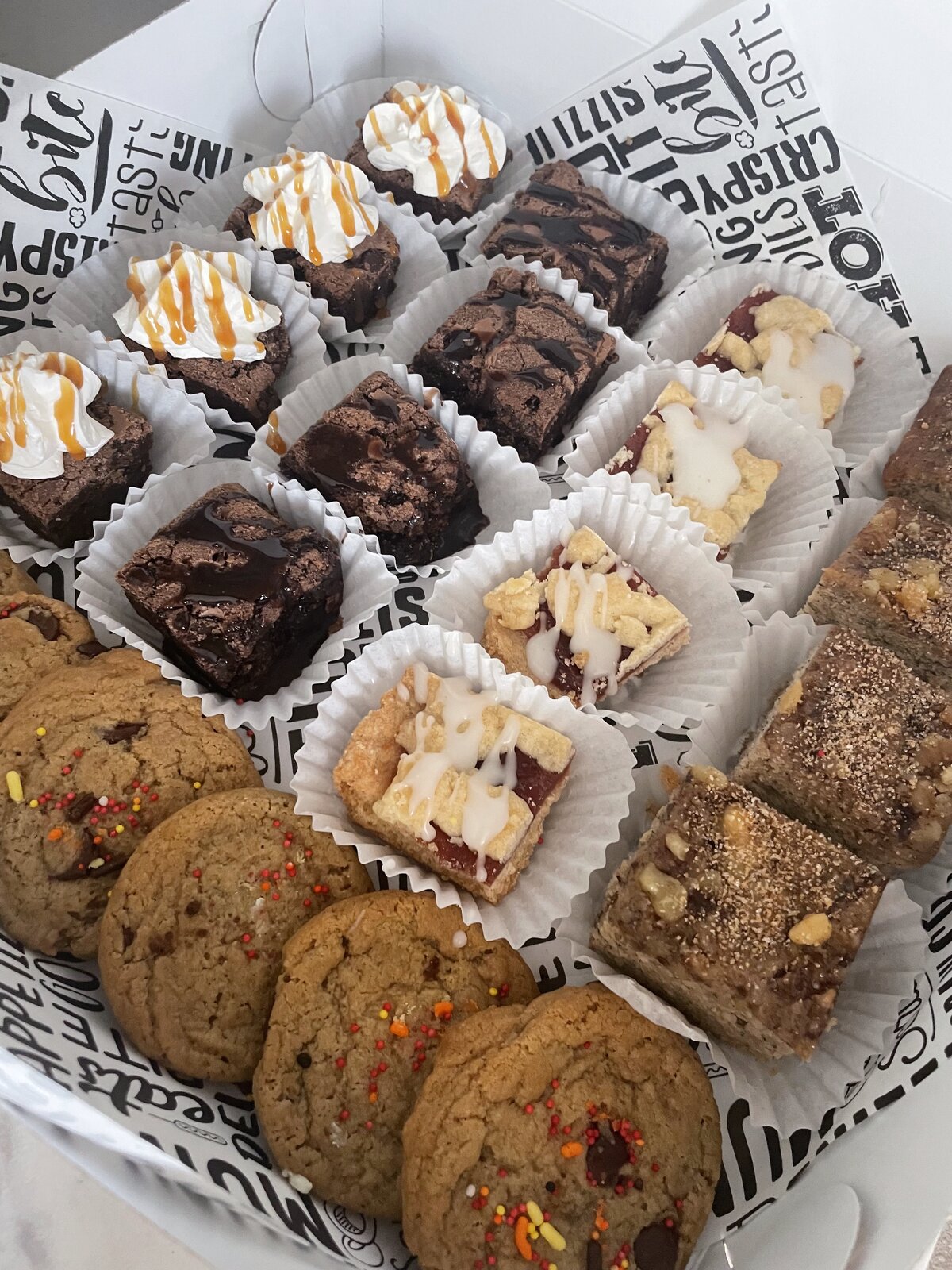 Catering box of brownies, cookies, and bars at Lu's
