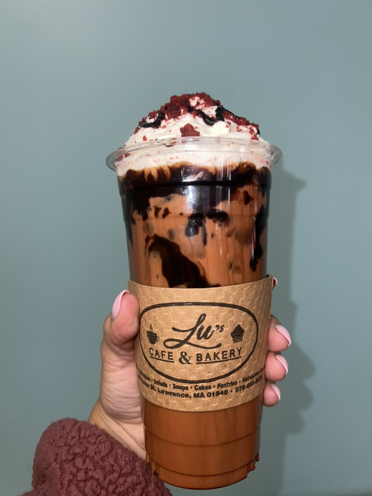 Red velvet iced mocha with cake crumbles at Lu's