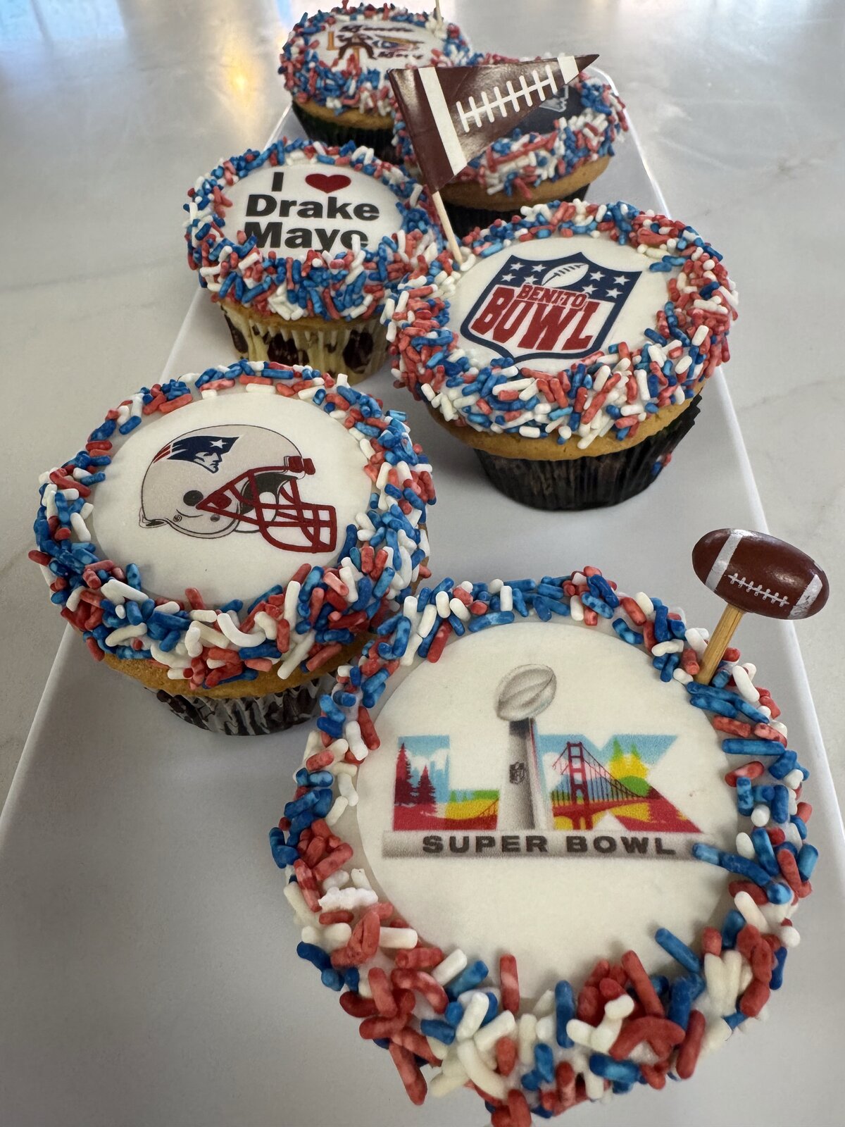 NFL Patriots sports-theme cupcakes at Lu's