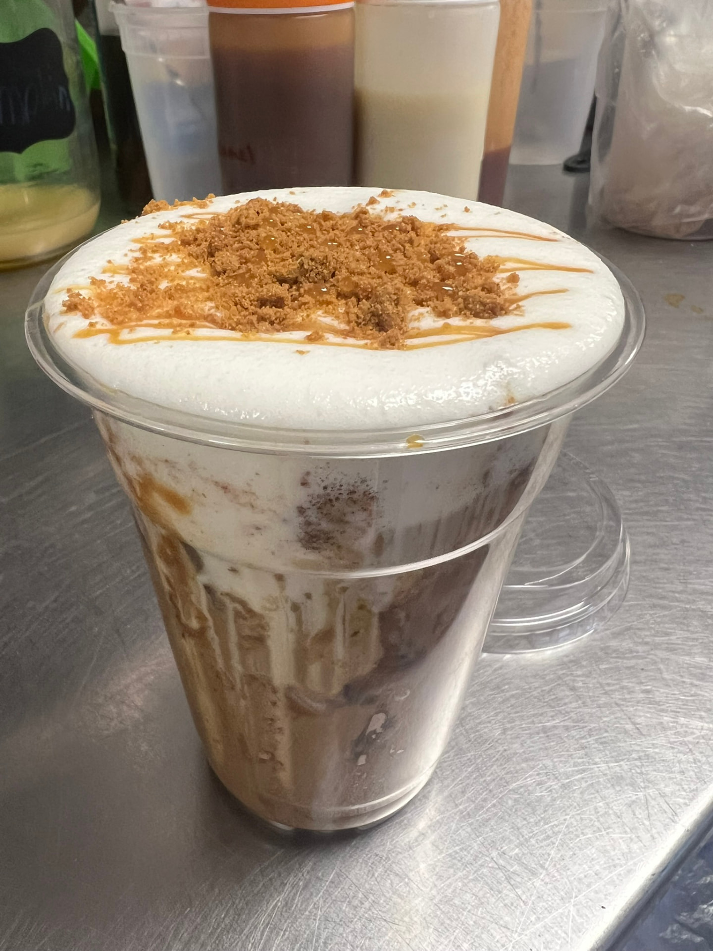 Biscoff iced latte with cold foam at Lu's Cafe & Bakery