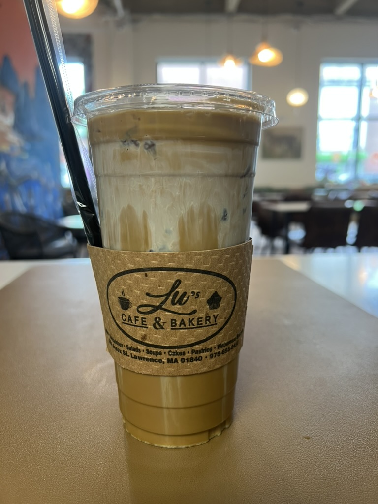 Iced latte in Lu's cafe dining room
