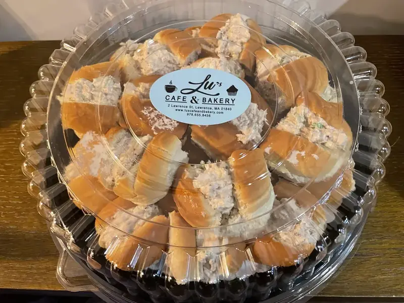 Chicken salad sandwich catering tray with Lu's Cafe & Bakery label