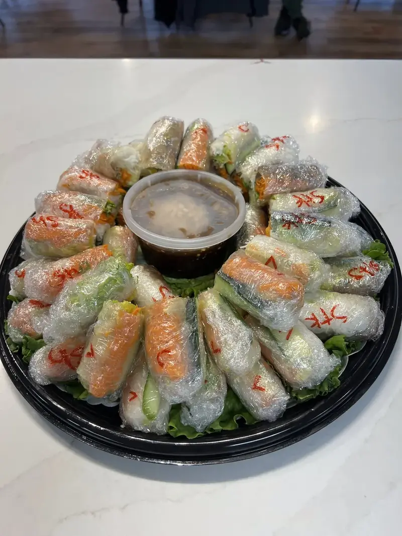 Fresh Vietnamese spring rolls catering tray with dipping sauce from Lu's Cafe & Bakery